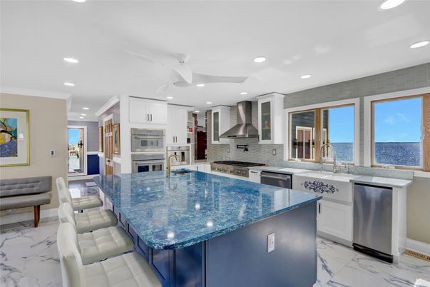 Interior, Kitchen, Marble, Recessed Lighting, Stainless Steel Appliances, Water