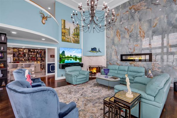 Chandelier, Fireplace, Interior, Living room, Recessed Lighting, Wood Texture Flooring