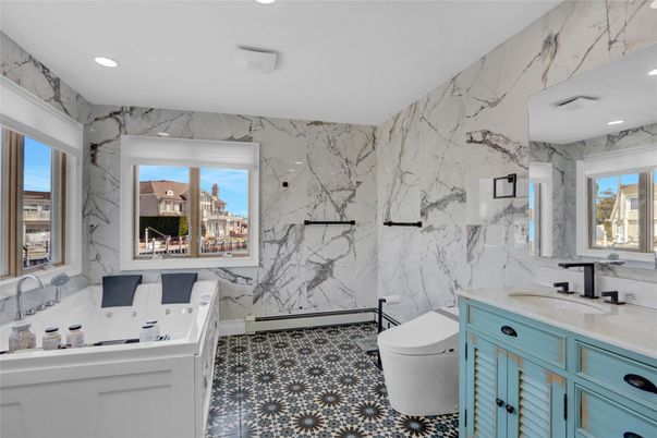 Bathroom, Interior, Marble Walls, Recessed Lighting
