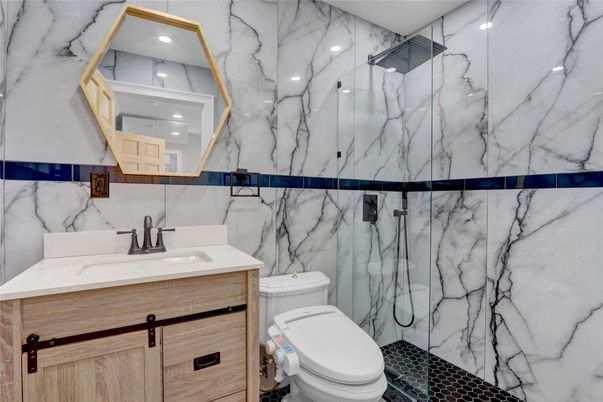 Bathroom, Glass Shower, Interior, Marble Walls, Recessed Lighting