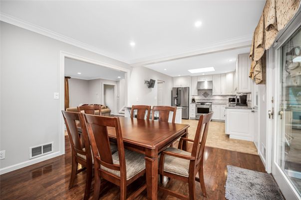 Dining room, Interior, Kitchen, Recessed Lighting, Stainless Steel Appliances, Wood Texture Flooring