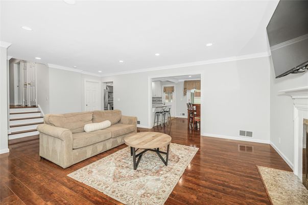 Fireplace, Interior, Living room, Recessed Lighting, Wood Texture Flooring