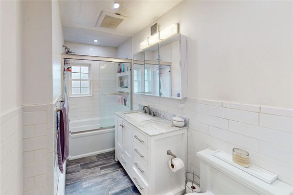 Bathroom, Glass Shower, Interior, Recessed Lighting, Wood Texture Flooring