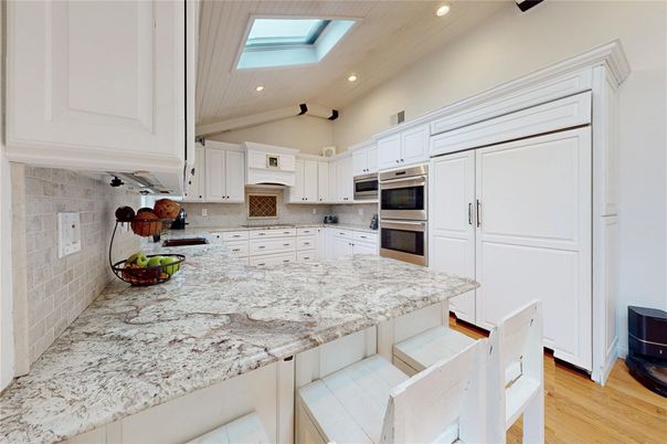 Interior, Kitchen, Recessed Lighting, Stainless Steel Appliances, Stone Walls, Wood Texture Flooring