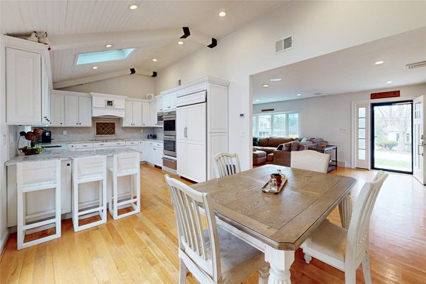 Dining room, Interior, Kitchen, Living room, Recessed Lighting, Stainless Steel Appliances, Wood Texture Flooring