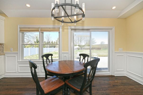Dining room, Interior, Pendant Lights, Recessed Lighting, Wood Texture Flooring