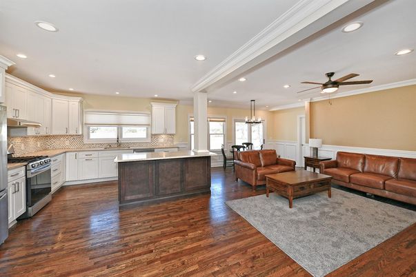 Dining room, Interior, Kitchen, Living room, Pendant Lights, Recessed Lighting, Stainless Steel Appliances, Wood Texture Flooring