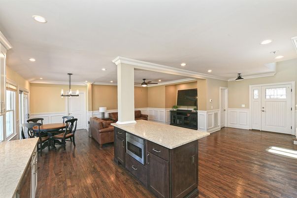 Dining room, Interior, Pendant Lights, Recessed Lighting, Wood Texture Flooring