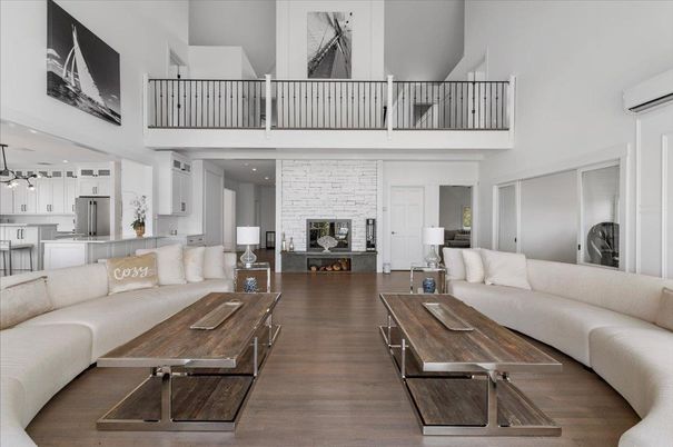 Fireplace, Interior, Kitchen, Living room, Pendant Lights, Recessed Lighting, Stone Walls, Wood Texture Flooring