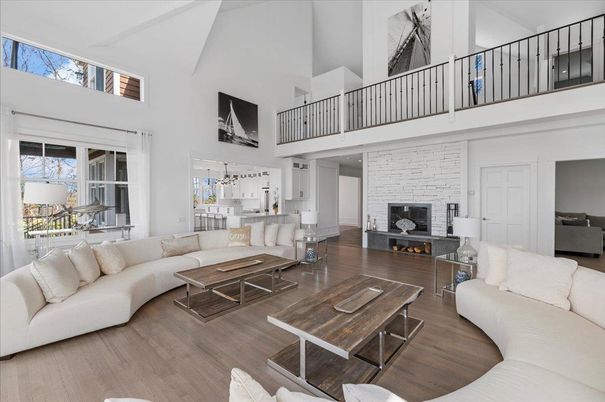 Fireplace, Interior, Living room, Pendant Lights, Stone Walls, Wood Texture Flooring