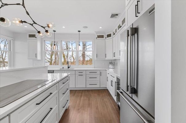 Interior, Kitchen, Pendant Lights, Recessed Lighting, Stainless Steel Appliances, Wood Texture Flooring