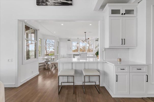 Dining room, Interior, Kitchen, Pendant Lights, Recessed Lighting, Wood Texture Flooring