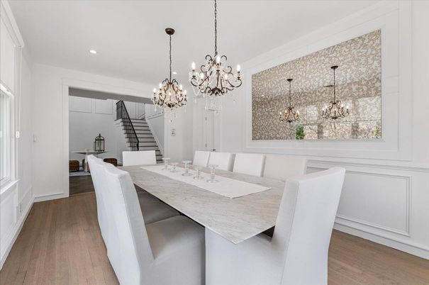 Chandelier, Dining room, Interior, Pendant Lights, Recessed Lighting, Wood Texture Flooring