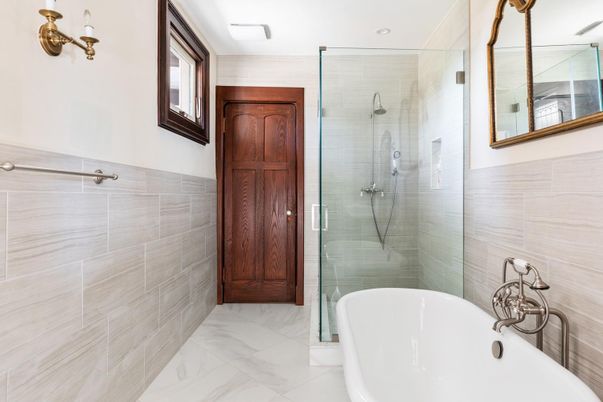 Bathroom, Free Standing Baths, Glass Shower, Interior, Marble, Recessed Lighting