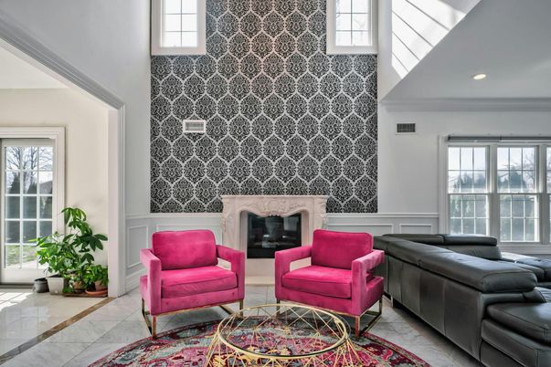 Fireplace, Interior, Living room, Marble, Recessed Lighting