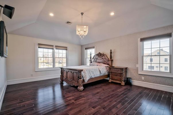 Bedroom, Chandelier, Interior, Recessed Lighting, Wood Texture Flooring