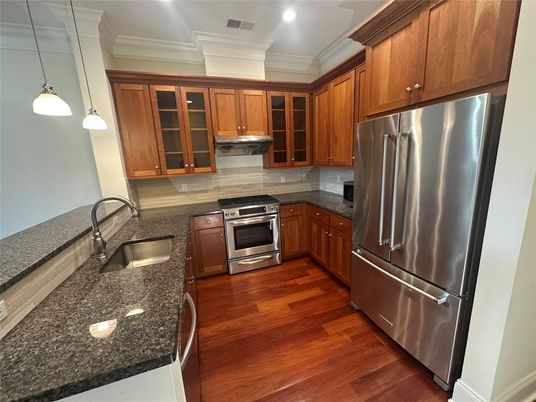 Interior, Kitchen, Pendant Lights, Recessed Lighting, Stainless Steel Appliances, Wood Texture Flooring