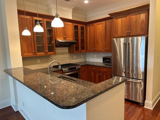 Interior, Kitchen, Pendant Lights, Recessed Lighting, Stainless Steel Appliances, Wood Texture Flooring