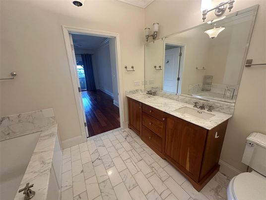 Bathroom, Dual Sink Vanities, Interior, Marble, Wood Texture Flooring