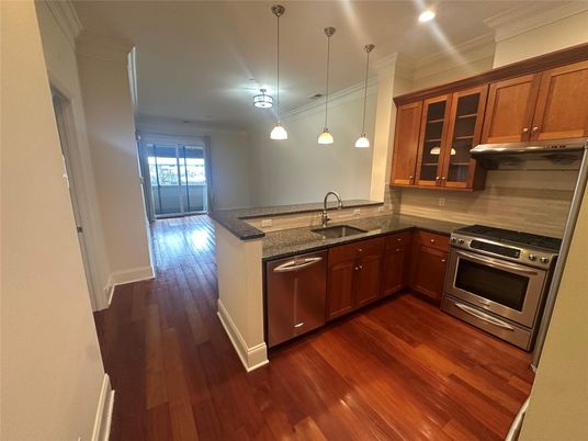 Interior, Kitchen, Pendant Lights, Recessed Lighting, Stainless Steel Appliances, Wood Texture Flooring