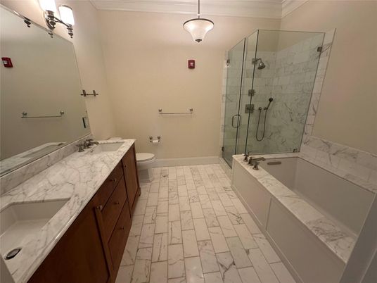 Bathroom, Dual Sink Vanities, Glass Shower, Interior, Marble, Marble Walls