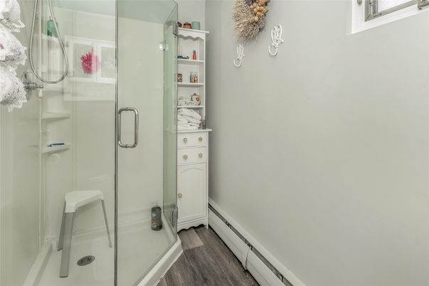 Bathroom, Glass Shower, Interior, Wood Texture Flooring