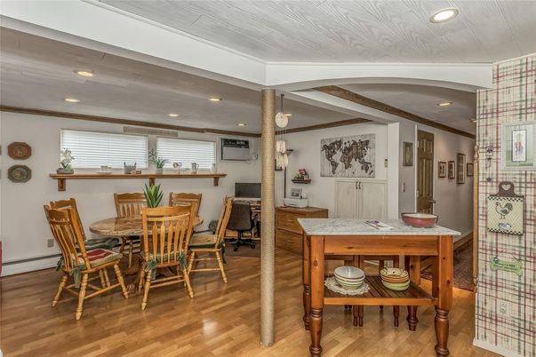 Dining room, Interior, Pendant Lights, Recessed Lighting, Wood Texture Flooring
