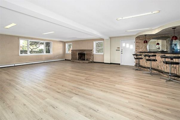 Empty room, Fireplace, Interior, Stone Walls, Wood Texture Flooring