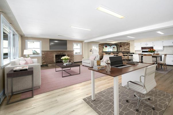 Dining room, Fireplace, Interior, Kitchen, Living room, Recessed Lighting, Stone Walls, Wood Texture Flooring