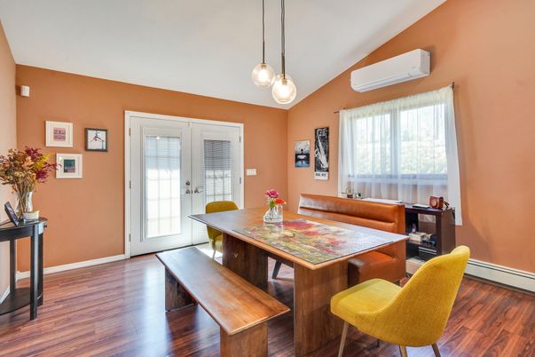 Dining room, Interior, Pendant Lights, Wood Texture Flooring