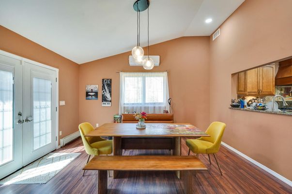 Dining room, Interior, Pendant Lights, Recessed Lighting, Wood Texture Flooring