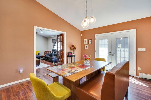 Dining room, Interior, Living room, Pendant Lights, Wood Texture Flooring