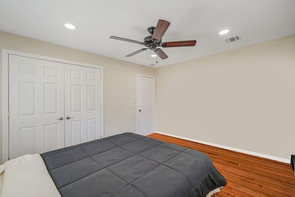 Bedroom, Interior, Recessed Lighting, Wood Texture Flooring