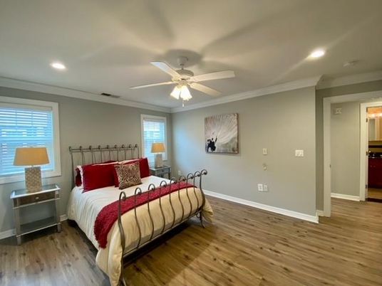 Bedroom, Interior, Recessed Lighting, Wood Texture Flooring