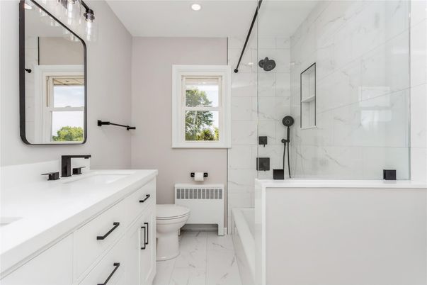 Bathroom, Glass Shower, Interior, Marble, Marble Walls, Recessed Lighting