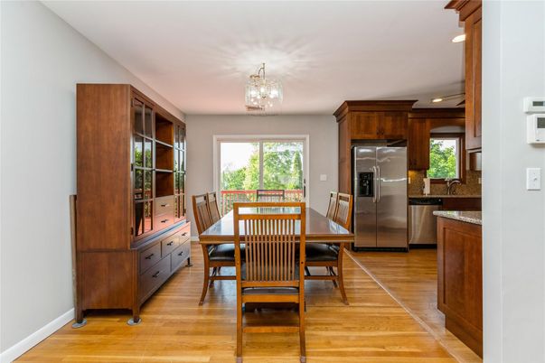 Dining room, Interior, Kitchen, Recessed Lighting, Stainless Steel Appliances, Wood Texture Flooring