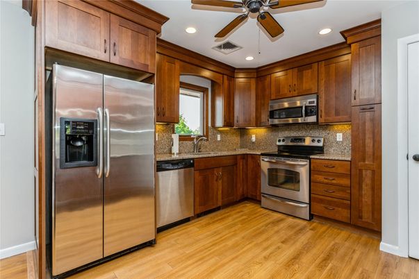 Interior, Kitchen, Recessed Lighting, Stainless Steel Appliances, Wood Texture Flooring