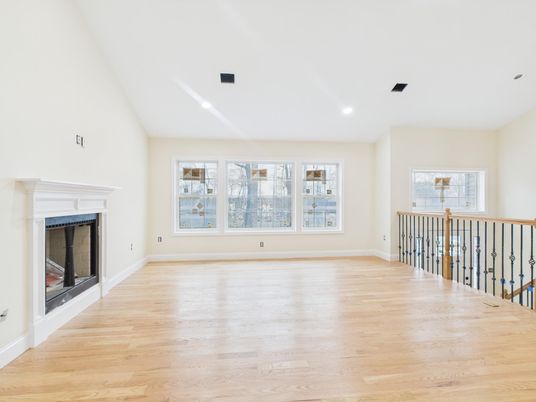 Empty room, Fireplace, Interior, Recessed Lighting, Wood Texture Flooring