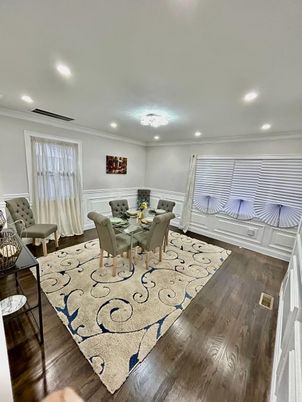 Dining room, Interior, Recessed Lighting, Wood Texture Flooring
