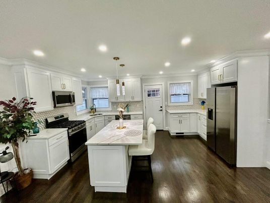 Interior, Kitchen, Pendant Lights, Recessed Lighting, Stainless Steel Appliances, Wood Texture Flooring