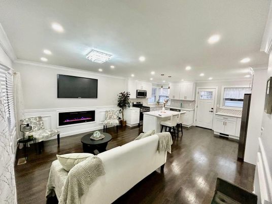 Dining room, Fireplace, Interior, Kitchen, Living room, Pendant Lights, Recessed Lighting, Stainless Steel Appliances, Wood Texture Flooring