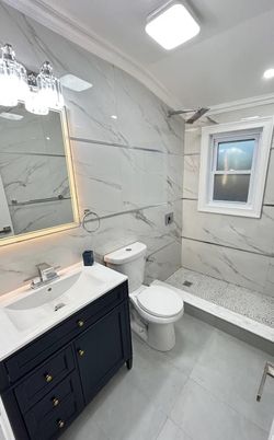 Bathroom, Glass Shower, Interior, Marble Walls, Recessed Lighting