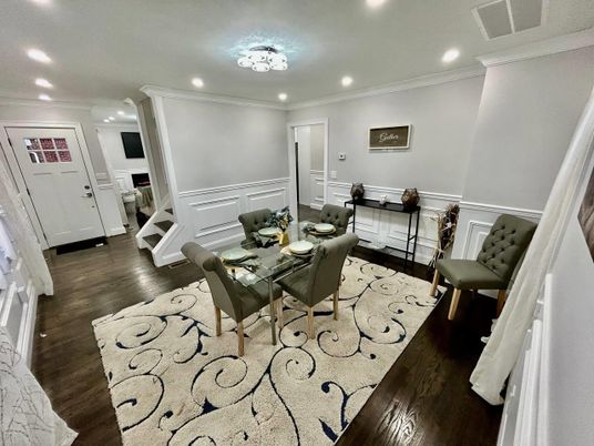 Dining room, Interior, Recessed Lighting, Wood Texture Flooring