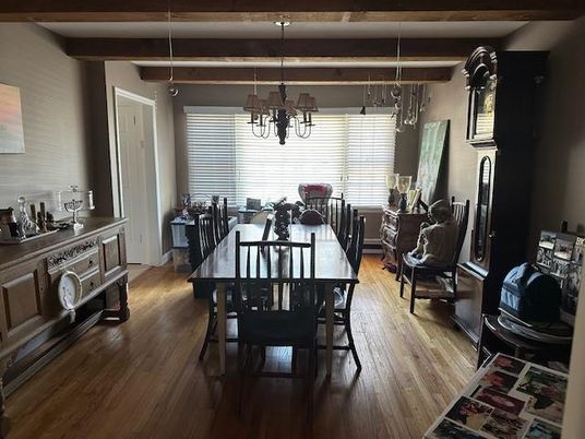 Chandelier, Dining room, Interior, Pendant Lights, Wooden Beams, Wood Texture Flooring