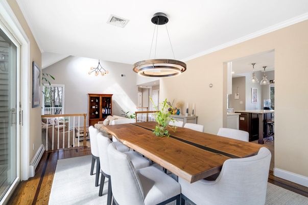 Dining room, Interior, Kitchen, Pendant Lights, Wood Texture Flooring