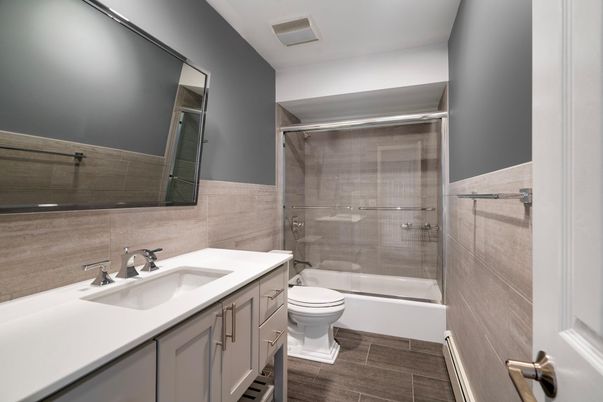Bathroom, Glass Shower, Interior, Wood Texture Flooring