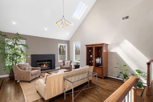 Fireplace, Interior, Living room, Pendant Lights, Recessed Lighting, Wood Texture Flooring