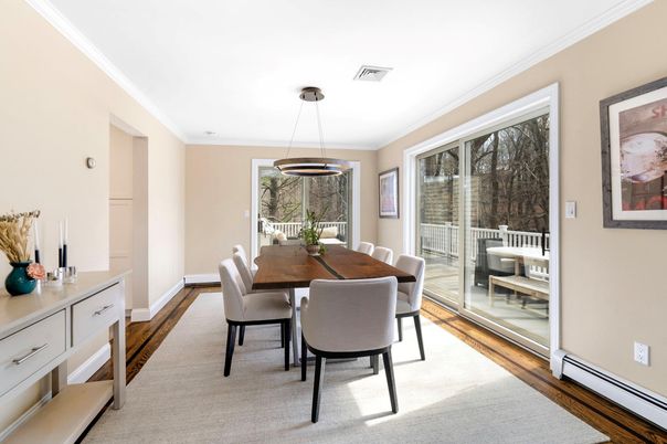 Dining room, Interior, Pendant Lights, Wood Texture Flooring