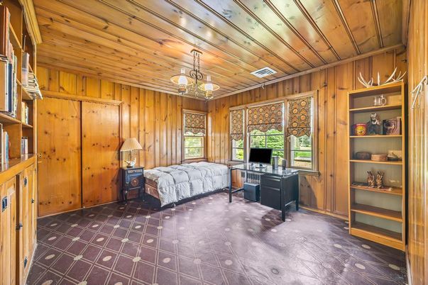 Bedroom, Chandelier, Interior, Wooden Ceilings, Wooden Walls
