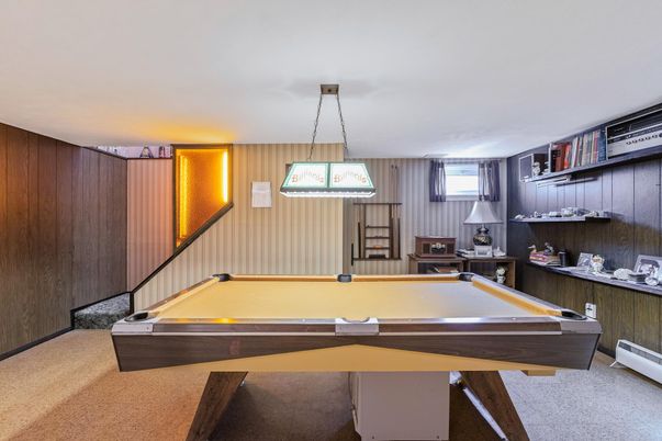 Billiard Table, Game Room, Interior, Pendant Lights, Wooden Walls